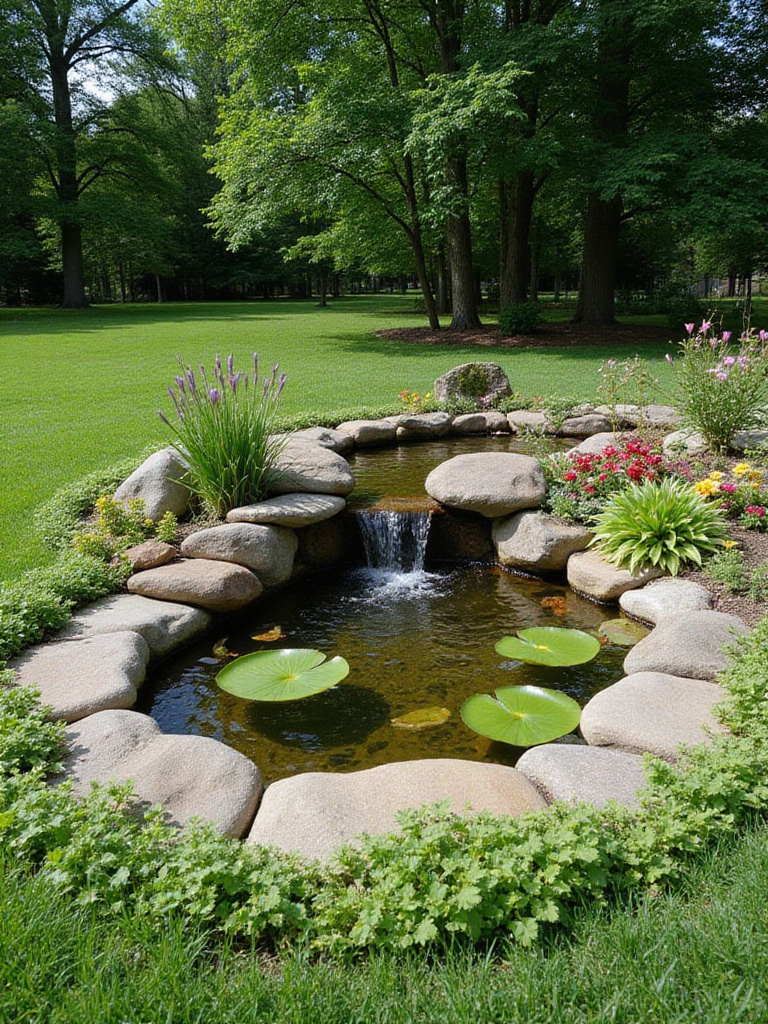 Small tranquil garden pond with waterfall and lily pads, surrounded by lush plants in a green lawn.