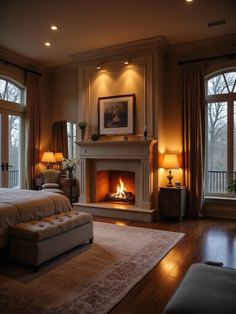 Luxury bedroom with a built-in fireplace casting a warm glow, showcasing elegant decor and a cozy seating area.