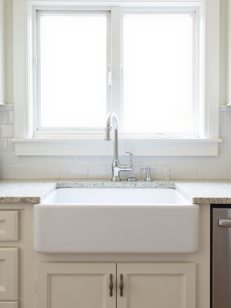 A classic white fireclay farmhouse sink with an apron front installed in a kitchen with granite countertops and a subway tile backsplash.
