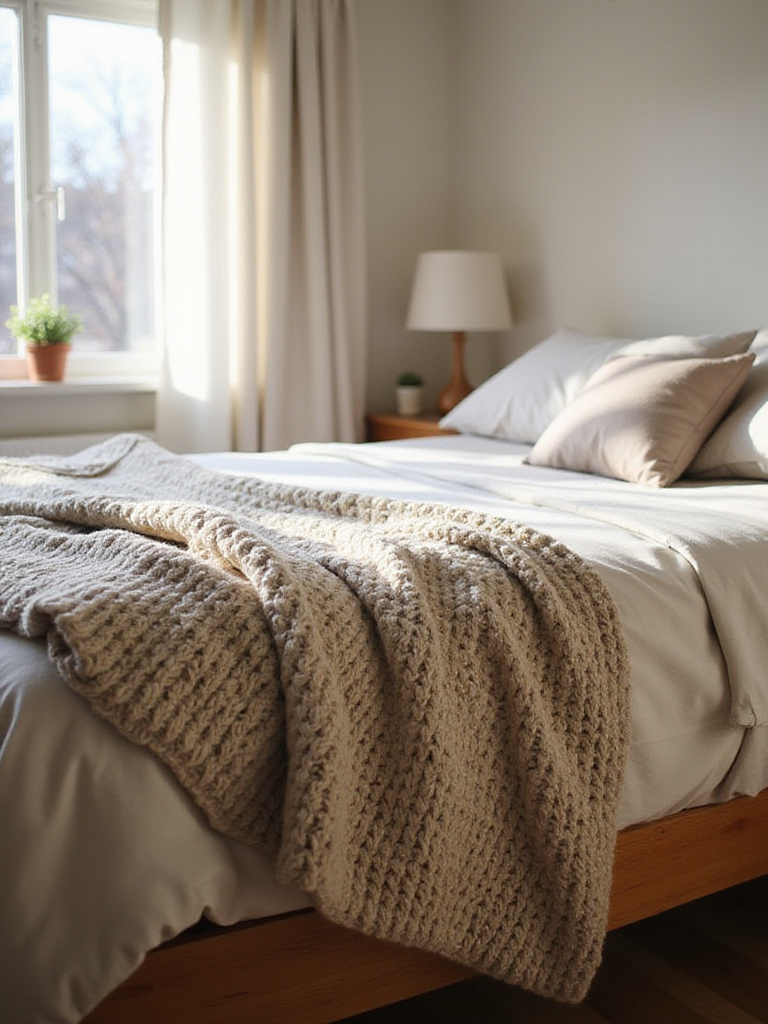A cozy apartment bedroom featuring a neutral bed with a chunky knit throw blanket draped over one corner, adding texture and warmth.