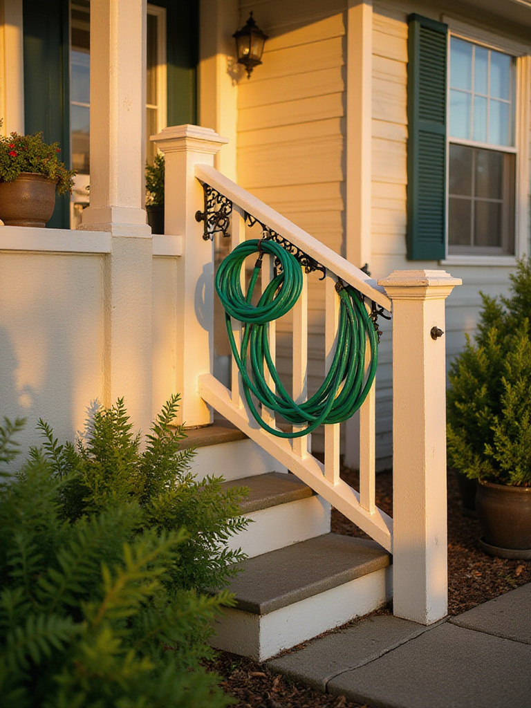 A decorative black cast iron garden hose holder mounted on a house wall near a front porch, neatly storing a green hose. Potted plants and porch steps are visible, enhancing the home's curb appeal during golden hour.