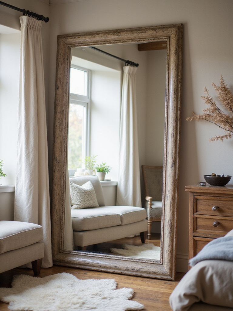Rustic bedroom with a distressed wood frame mirror reflecting natural light