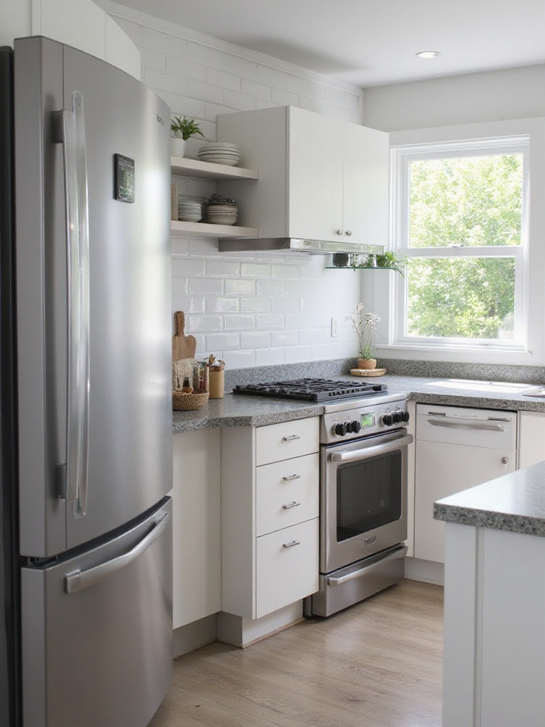 Modern kitchen with upgraded stainless steel appliances, including refrigerator, induction range, and dishwasher.