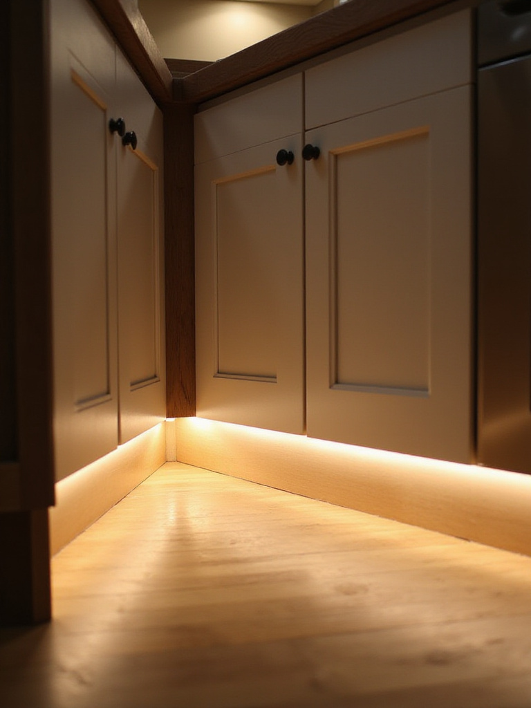 Modern kitchen with toe-kick lighting illuminating the floor area.