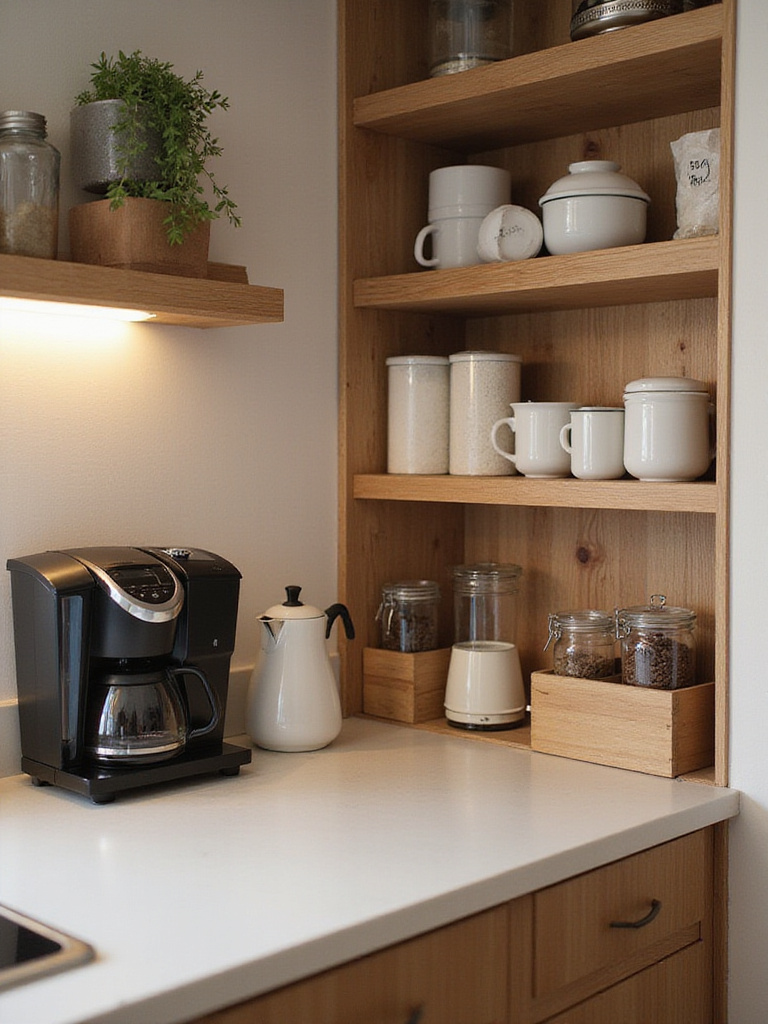 A well-organized beverage station in a modern kitchen with coffee maker, kettle, and mugs.
