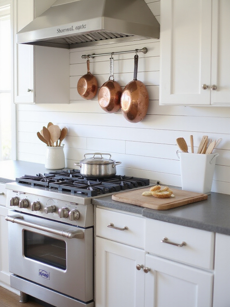 Farmhouse kitchen with white shiplap accent wall behind stove.