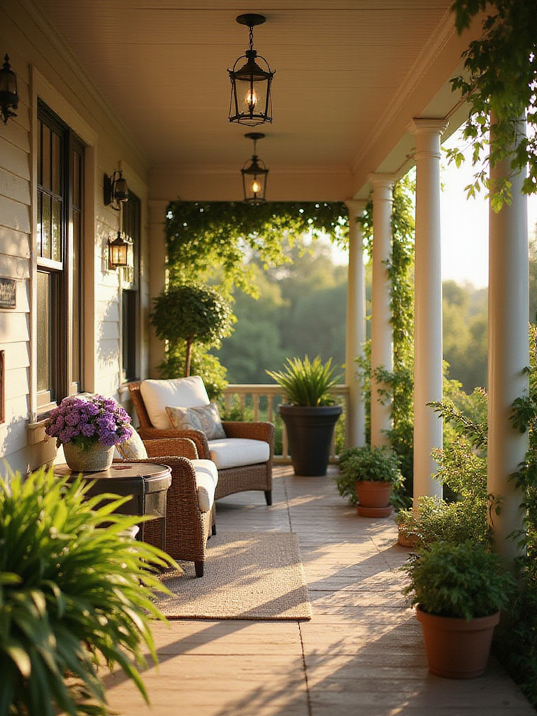 A charming front porch decorated with comfortable seating, potted plants, and a small, elegant water fountain, creating a serene and welcoming entrance.