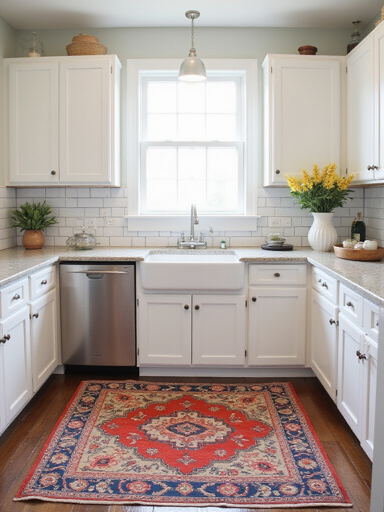 A stylish kitchen with a vibrant statement rug in front of the sink, showcasing warmth and color.