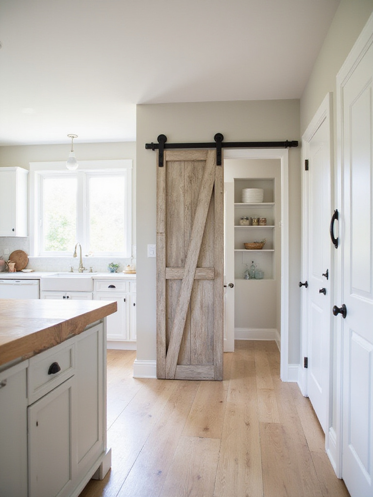 Farmhouse kitchen with white cabinets and a stylish sliding barn door leading to a pantry.