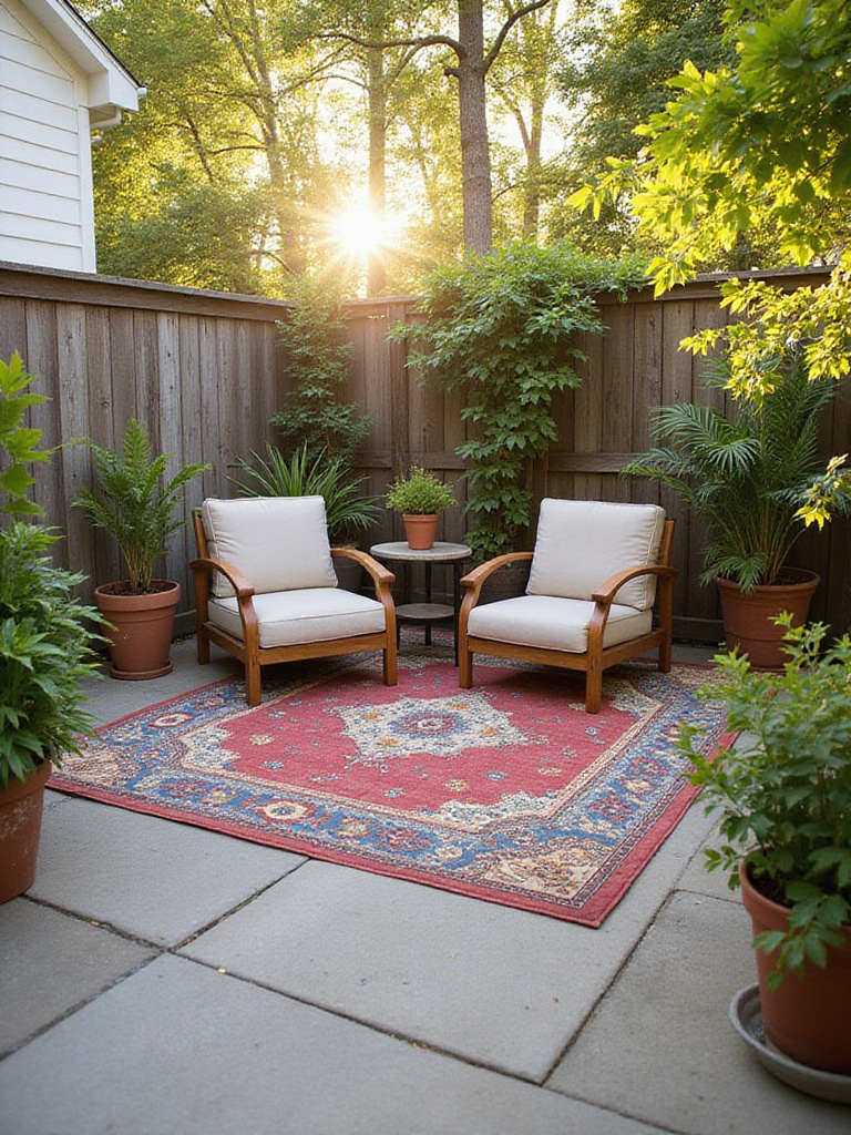 An affordable patterned outdoor rug defines a cozy seating area on a small backyard patio with two chairs and a side table surrounded by potted plants.