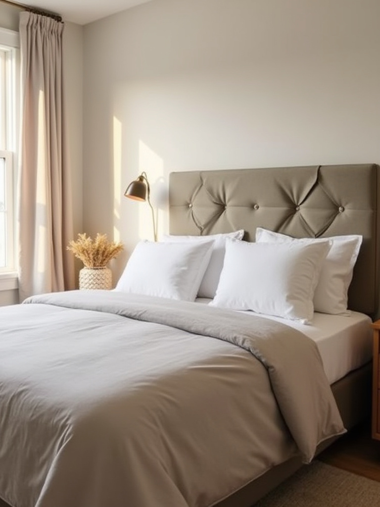 A cozy apartment bedroom featuring a bed with a modern geometric upholstered panel headboard attached to the wall.