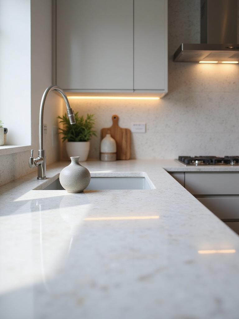 Small abstract grey ceramic sculpture placed on a modern light granite kitchen counter, adding an artistic touch to the space.