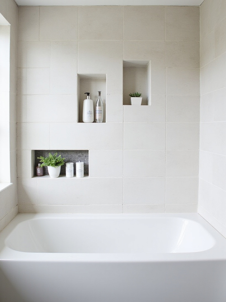 Modern bathroom with a white bathtub and integrated tiled wall niches for storage, showcasing organized bath products.