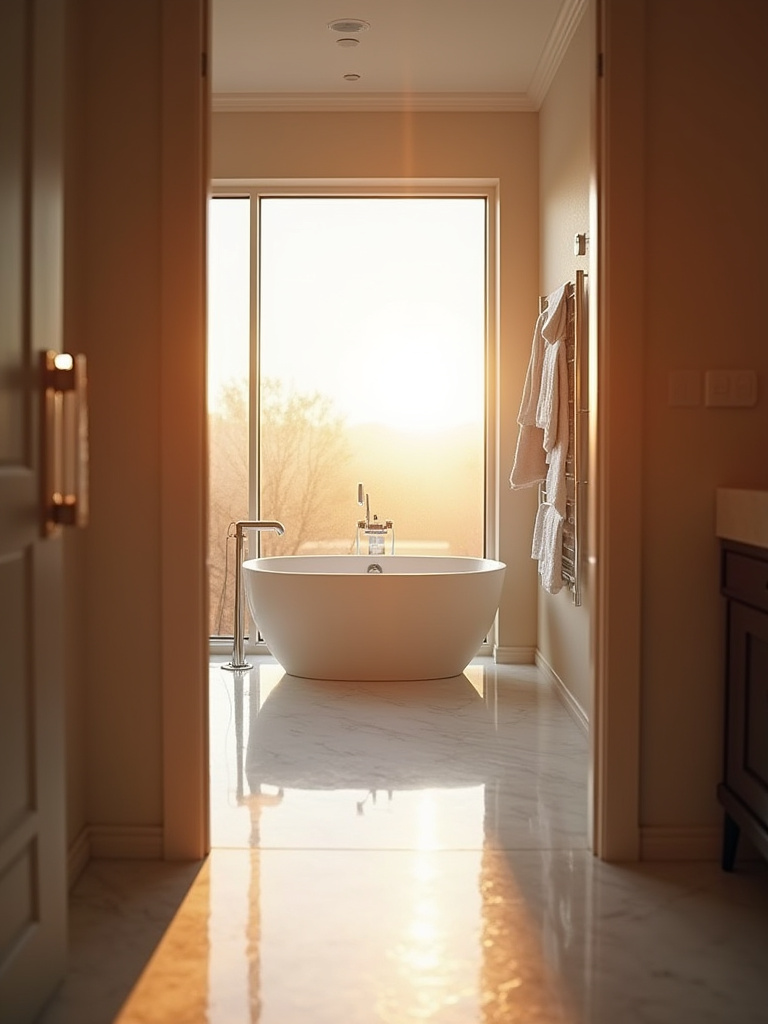 Luxurious master bathroom with heated tile floors, a freestanding soaking tub, and heated towel rack, bathed in soft morning light.