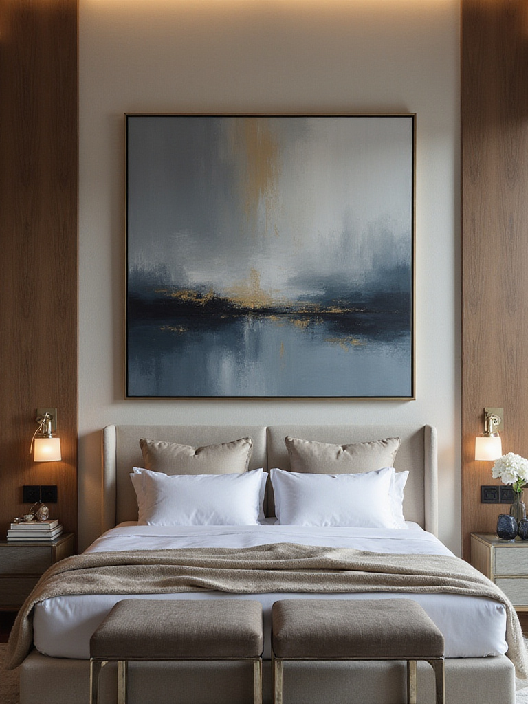 Luxury bedroom featuring a large abstract painting above an upholstered bed, showcasing sophisticated wall decor.