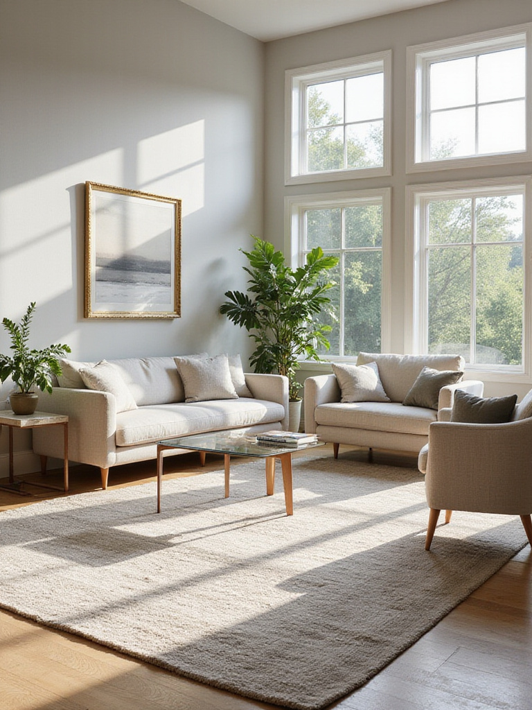 Modern living room with a large area rug anchoring the sofa, armchairs, and coffee table.