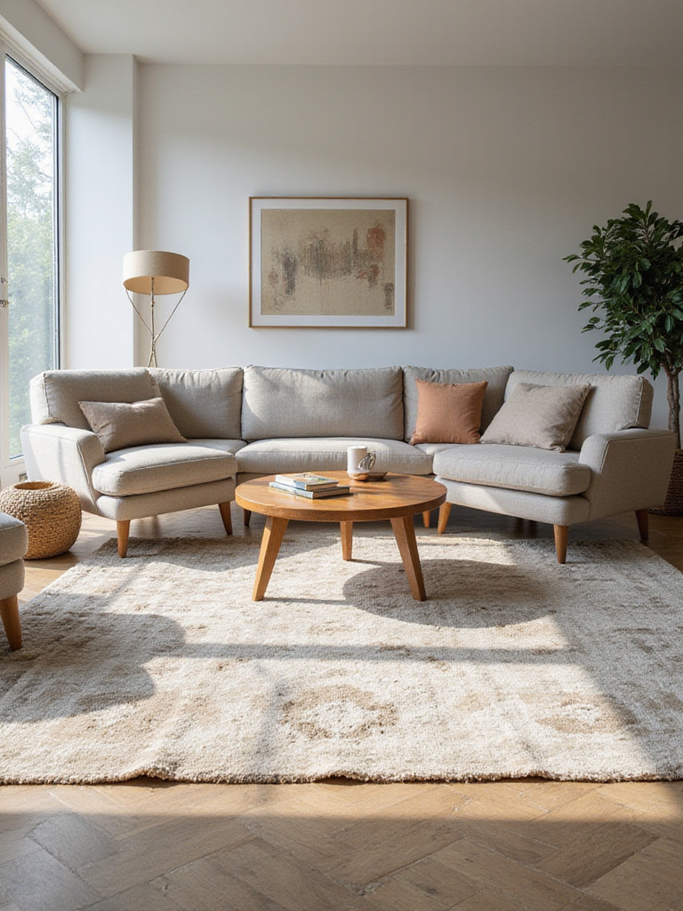 A large area rug anchoring a modern living room seating arrangement with a sofa, armchairs, and coffee table placed on the rug.