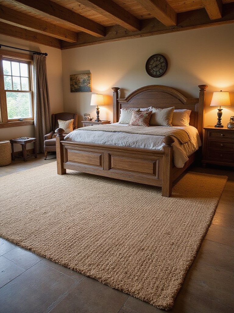 Rustic bedroom with a natural fiber area rug under a king-sized bed
