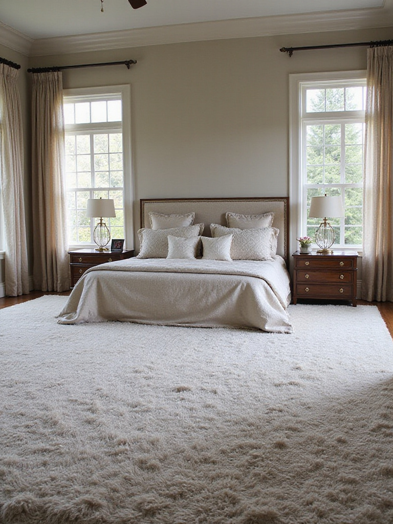 An oversized, plush cream area rug anchors a luxurious bedroom with a king-sized bed and elegant bedside tables.