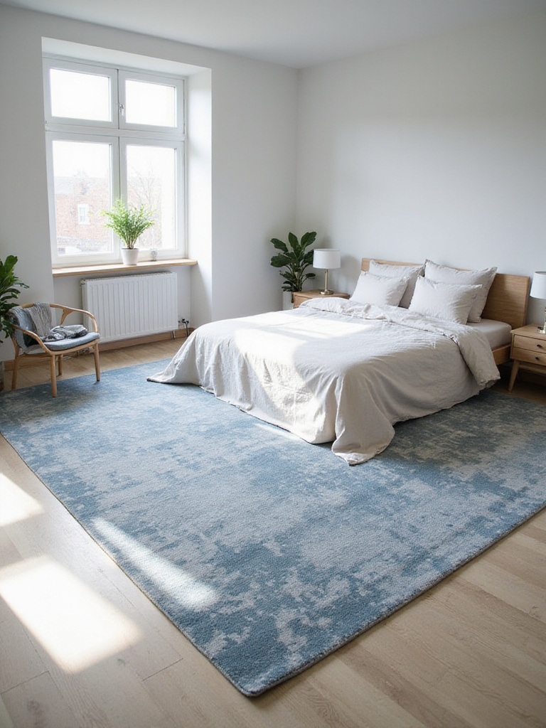 Large blue and grey abstract area rug placed under a queen bed in a bright apartment bedroom, anchoring the space.