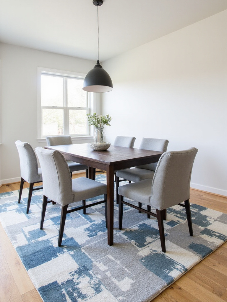 Modern dining room with abstract patterned area rug under a dark wood table.