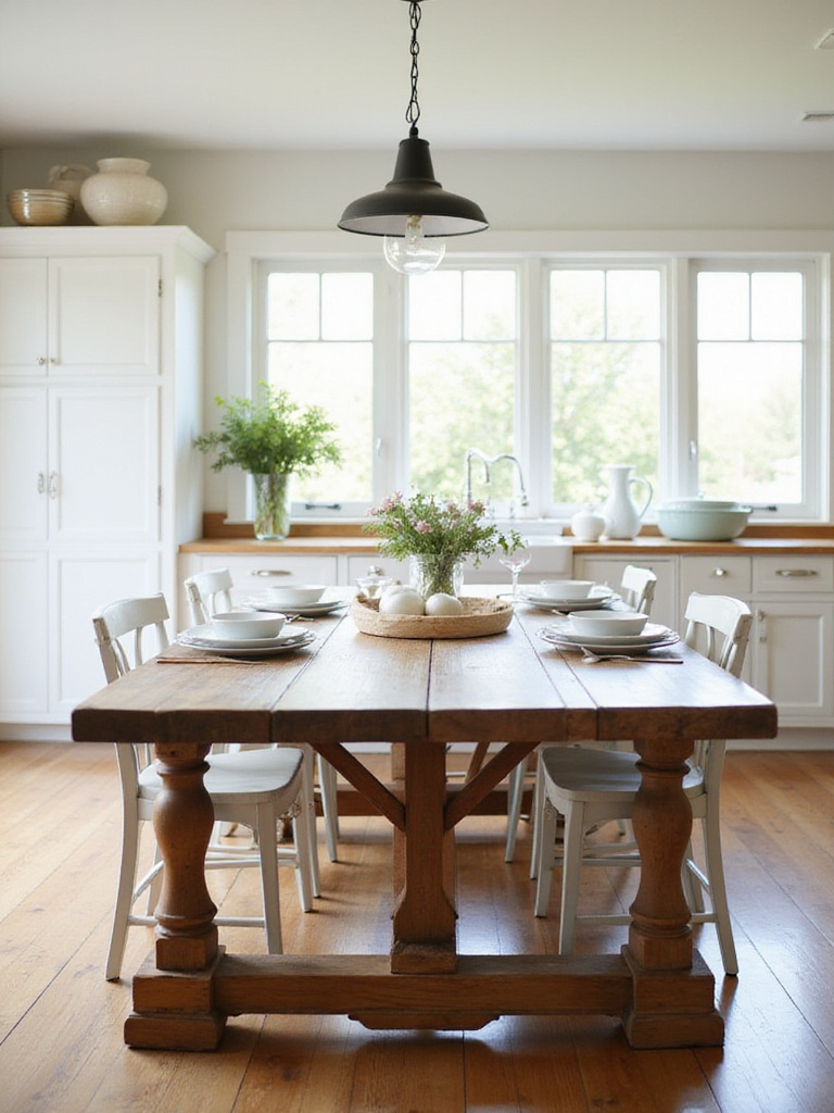 Farmhouse kitchen with a large, reclaimed wood dining table.