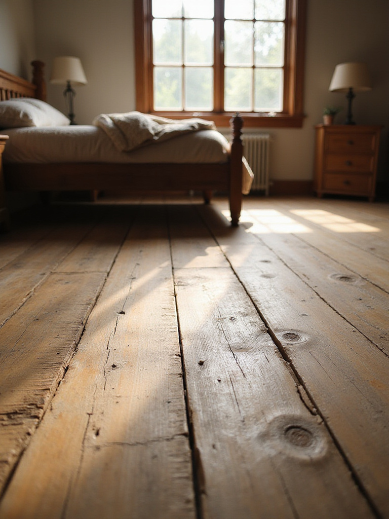 Rustic bedroom interior featuring distressed wide-plank wood flooring