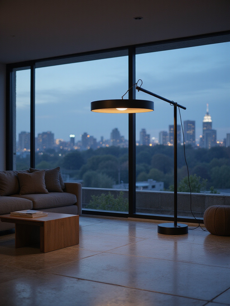 Modern living room with architectural floor lamp providing task lighting