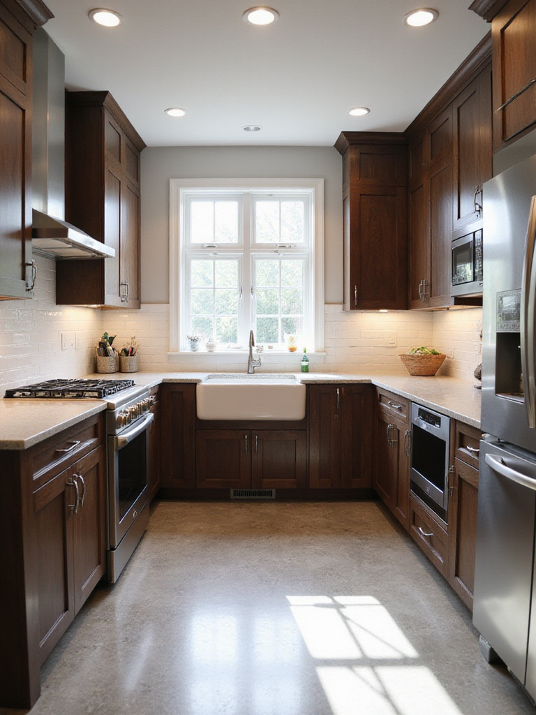 Modern kitchen with dark brown shaker cabinets and light gray quartz countertops.