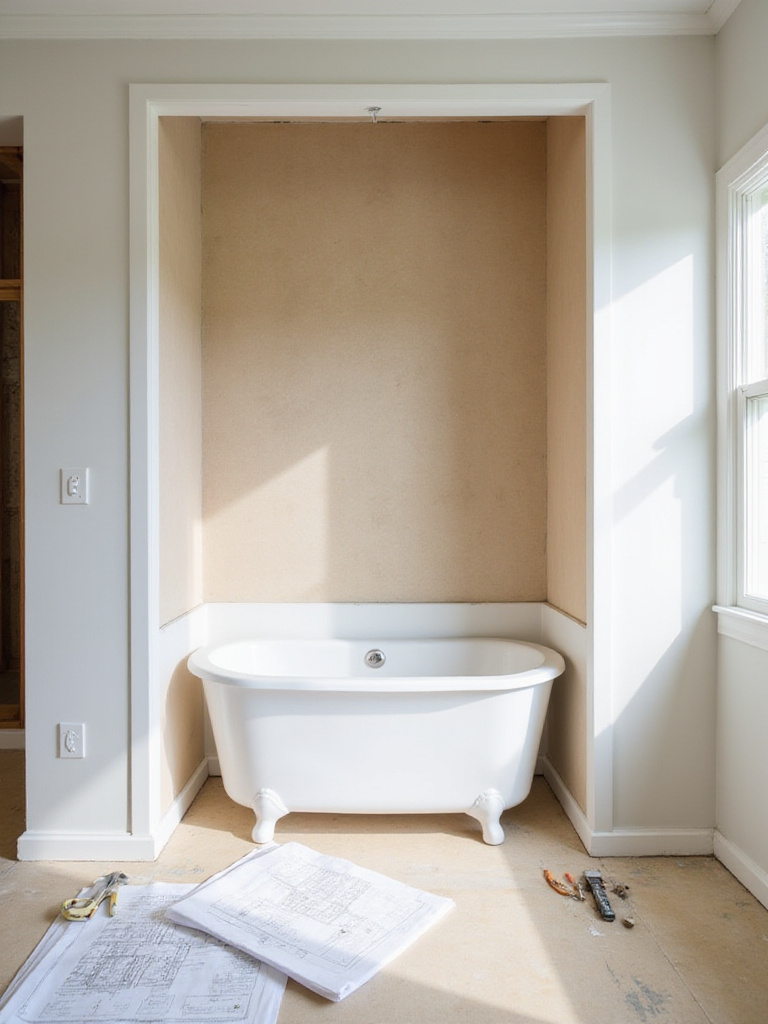 Organized bathroom remodel workspace showing a new bathtub being installed, with plans visible, illustrating careful planning to avoid remodel pitfalls.