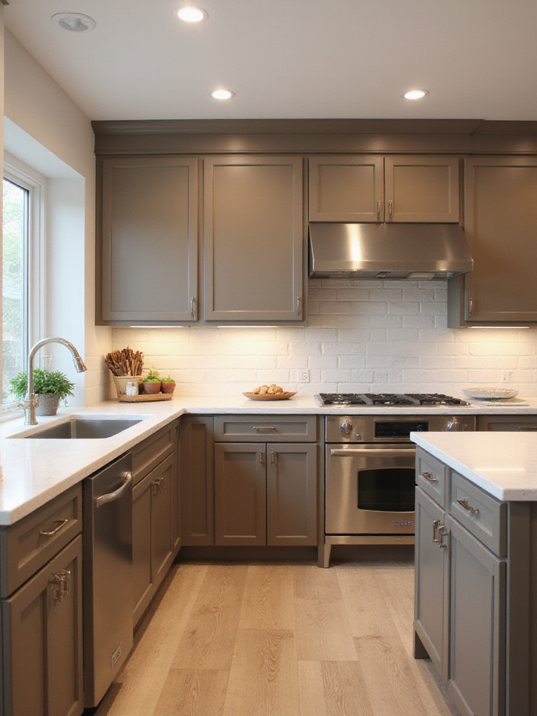 Modern kitchen with warm taupe painted cabinets, white quartz countertops, and stainless steel appliances.
