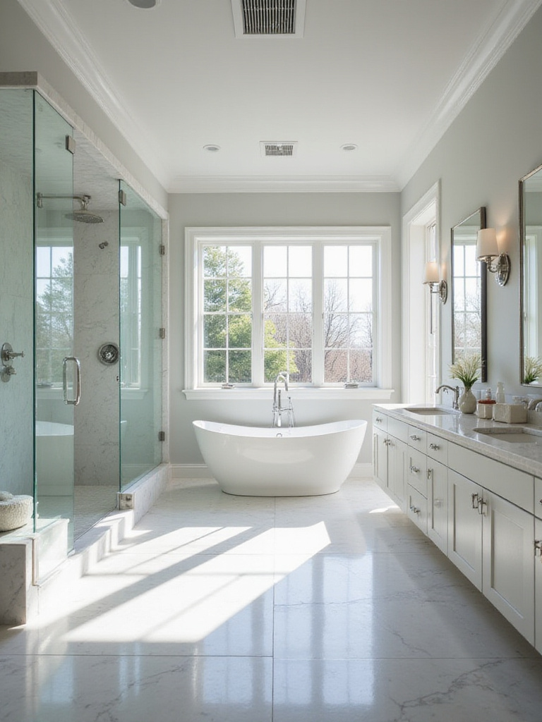 A clean, modern master bathroom with a soaking tub and glass shower, demonstrating effective ventilation with no visible steam or condensation.