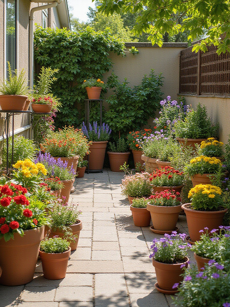 Vibrant container gardens featuring colorful flowers and foliage arranged on a sunny patio, brightening the outdoor space.