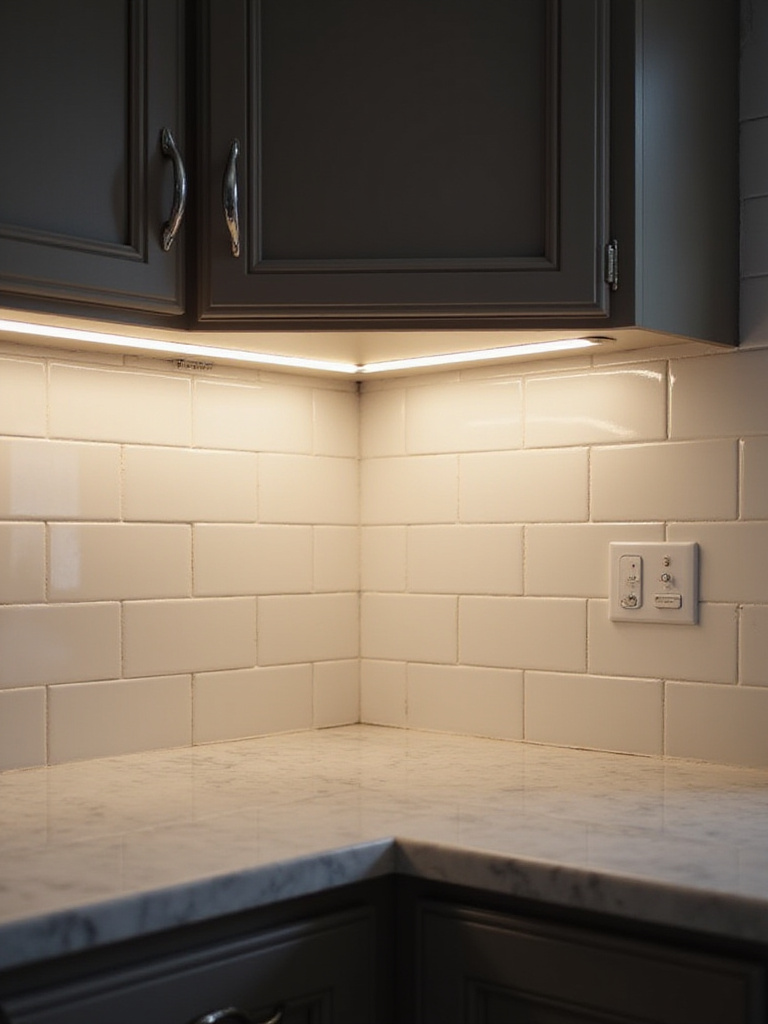 Modern kitchen countertop illuminated by bright, warm under-cabinet LED strip lighting, highlighting the marble surface and tile backsplash.