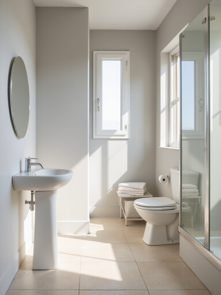 Bright and airy small bathroom with light grey walls, beige floor tiles, and white fixtures, illuminated by natural light.