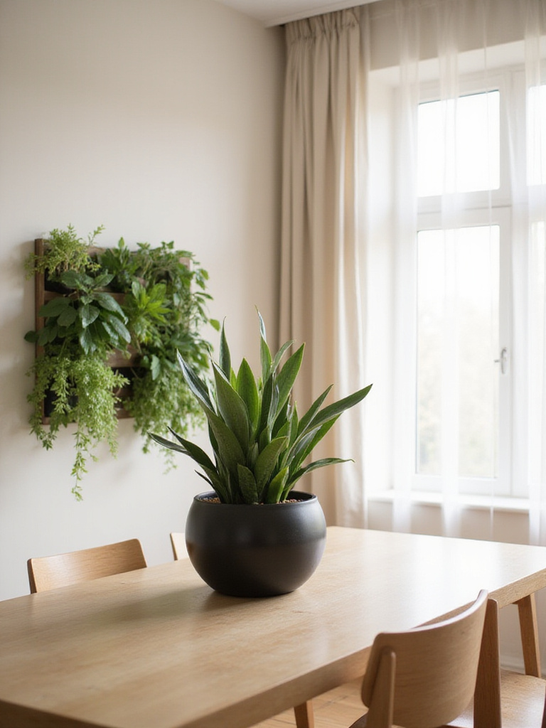 Modern dining room with sleek wooden table, black ceramic planter with snake plant centerpiece, and small vertical garden on the wall.