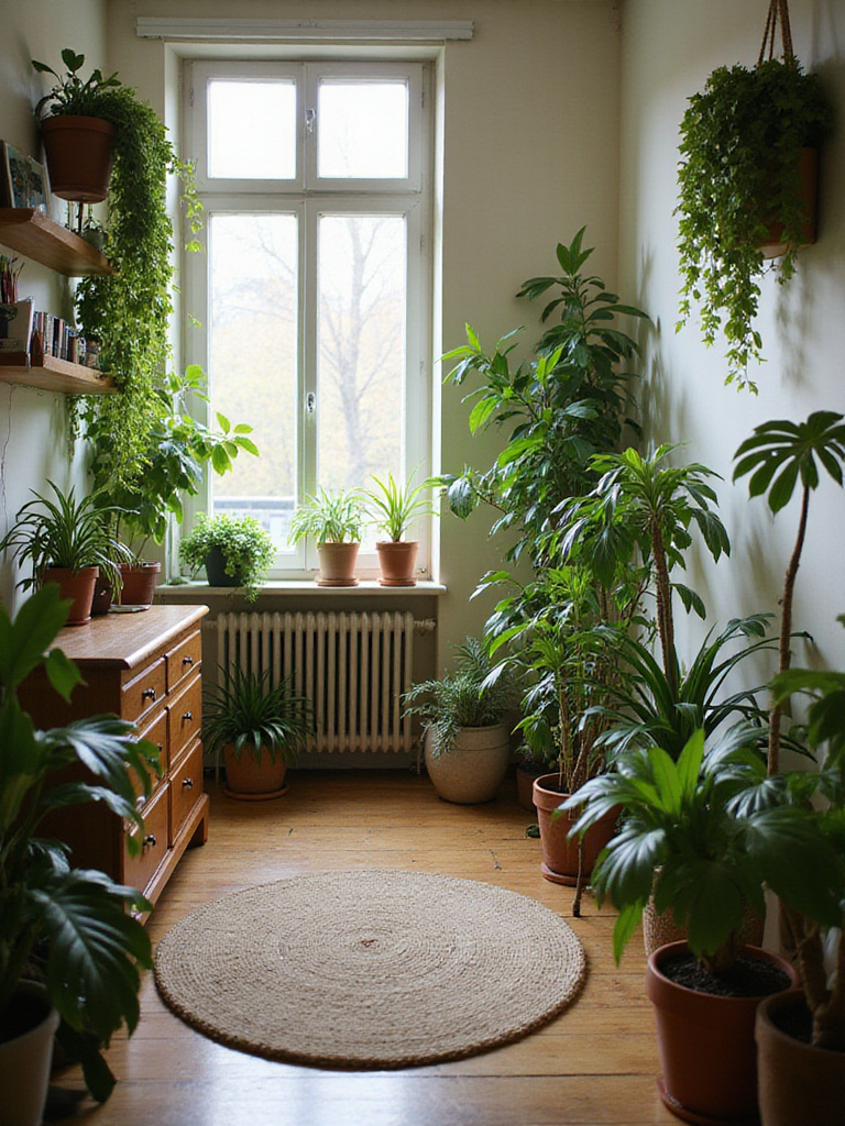 An apartment bedroom decorated with numerous green houseplants on shelves, the floor, and furniture, illuminated by soft natural light.