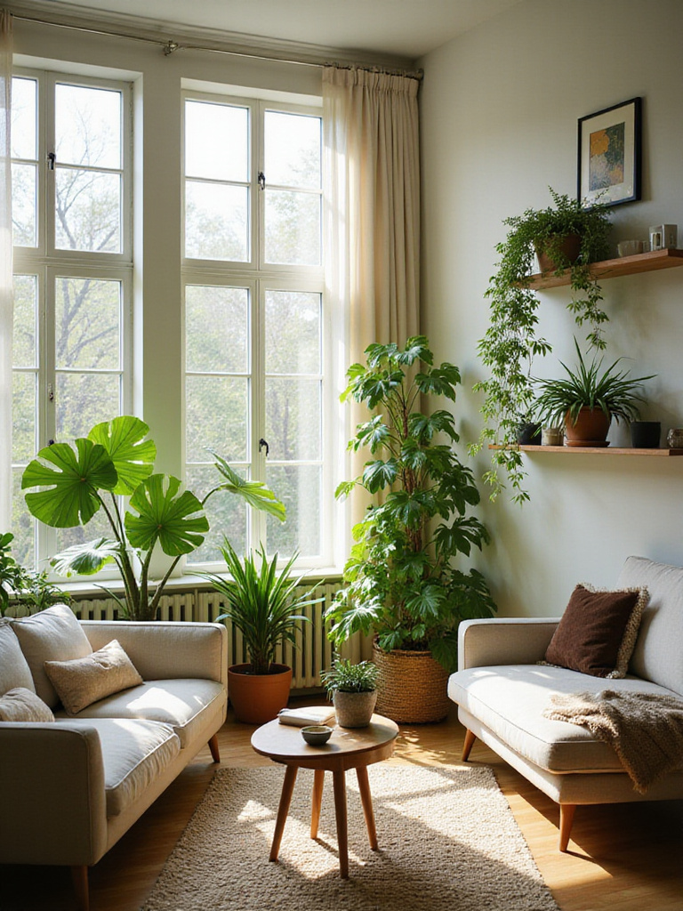 Bright living room with large windows featuring lush green plants, modern furniture, and natural light.