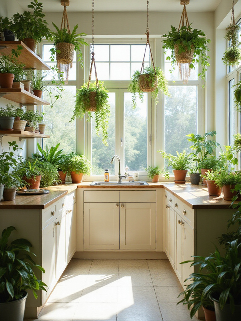 A modern kitchen interior filled with various types of green plants on shelves, countertops, and hanging from the ceiling, adding life and color to the space.