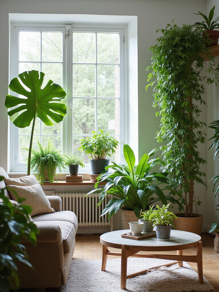 Cozy living room interior filled with abundant green houseplants, including a large fiddle leaf fig, trailing pothos, and snake plant, adding life and freshness to the home decor.