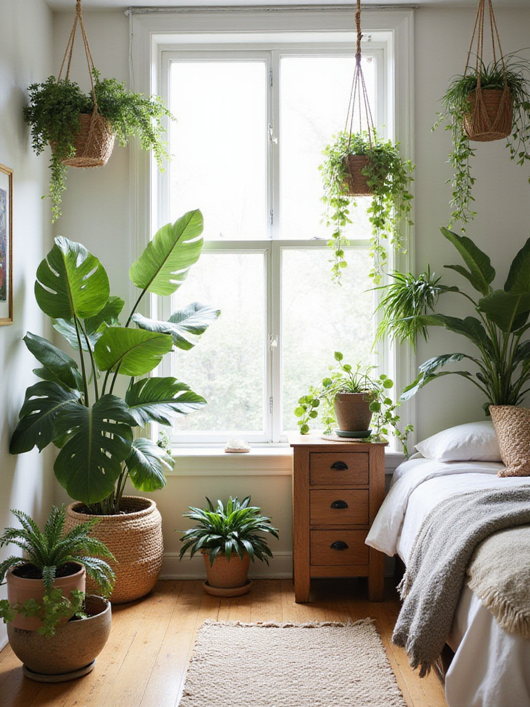 Boho bedroom with abundant indoor plants creating a natural, calming atmosphere.