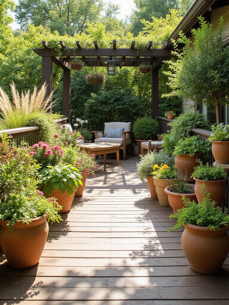 An inviting outdoor deck decorated with a variety of potted plants and lush greenery, showcasing different types of planters and plant arrangements.