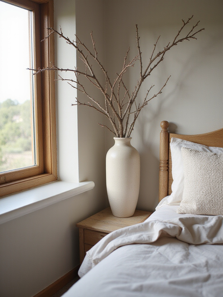 Rustic bedroom with a large sculptural branch in a ceramic vase
