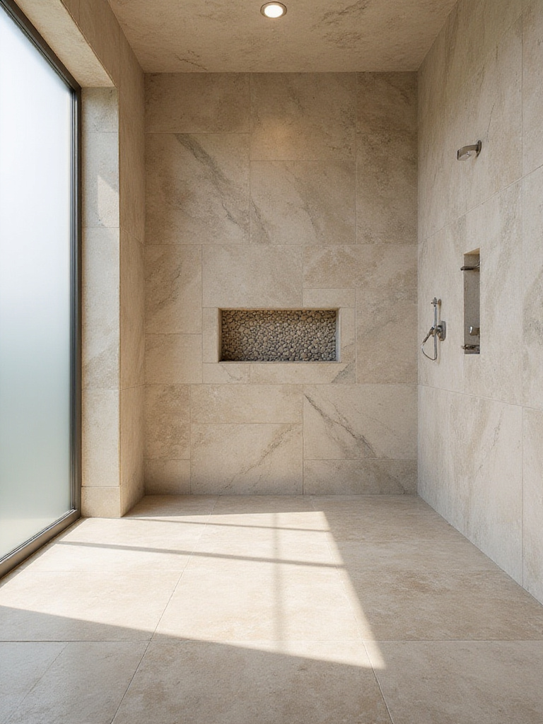 Bathroom featuring natural stone tiles, including travertine floor, marble shower walls, and pebble tile niche.