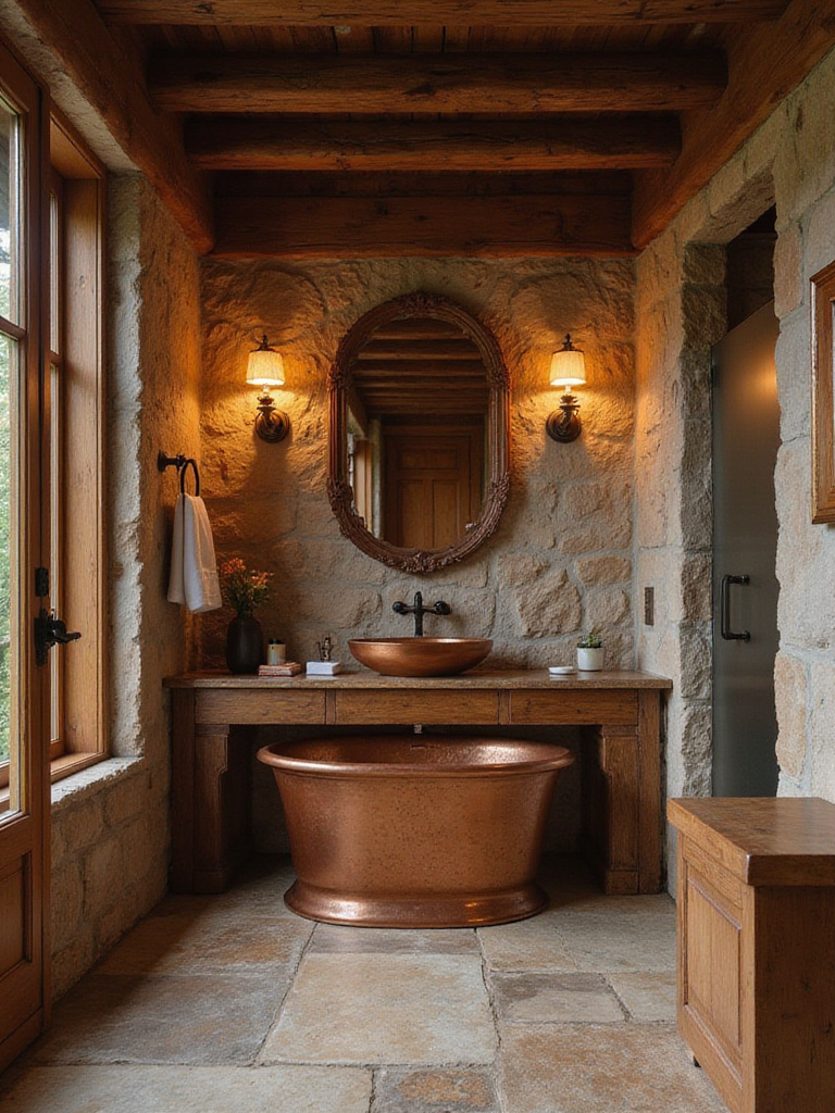 Rustic bathroom featuring a hammered copper sink set into a reclaimed wood vanity, with warm lighting.