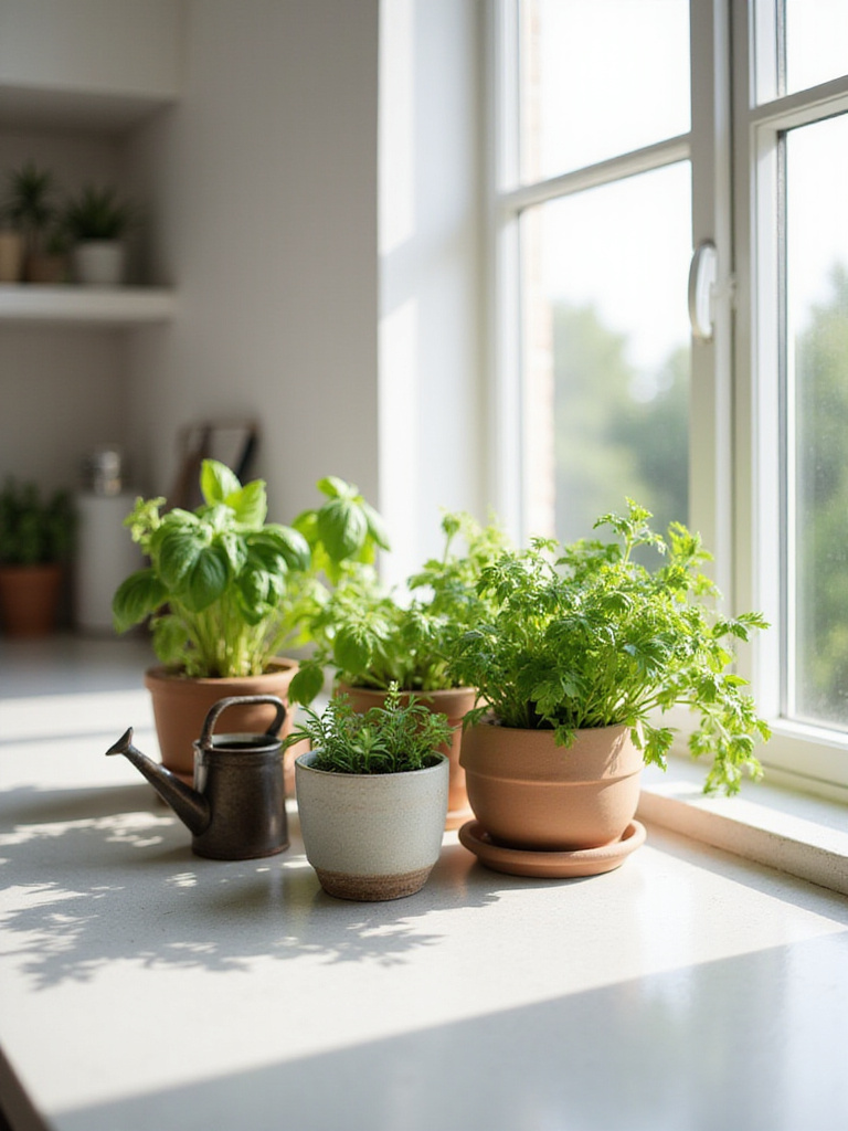 Small terracotta and ceramic pots filled with fresh green herbs like basil, parsley, and chives, arranged neatly on a modern kitchen countertop bathed in natural light.