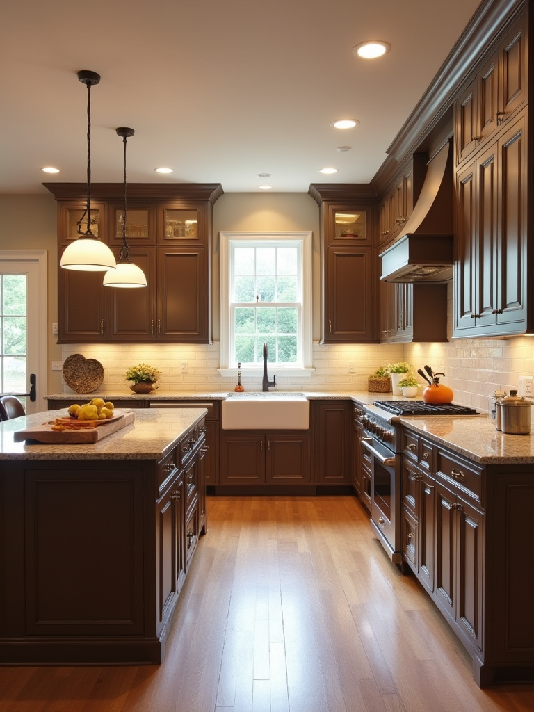 Classic kitchen with brown cabinets, granite countertops, and subway tile backsplash.