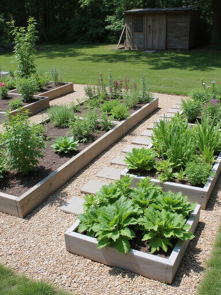 A collection of well-maintained raised garden beds constructed from wood and stone, overflowing with lush vegetables and colorful flowers in a sunny backyard garden.