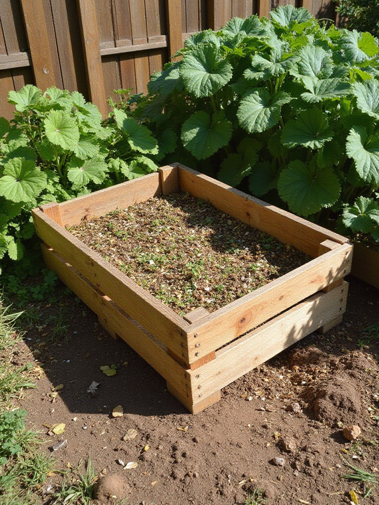 A basic compost bin made from wooden pallets in a backyard garden.