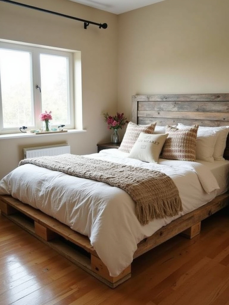Rustic bedroom featuring a budget-friendly pallet wood bed base with cozy bedding.